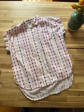 LOFT White Cap Sleeve Button-Down with Colorful Embroidered Dots